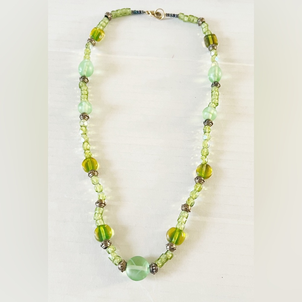 Green Beaded Layered Necklace with Onyx and Crystals